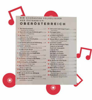 Die Rückseite einer CD mit Volksliedern aus Oberösterreich