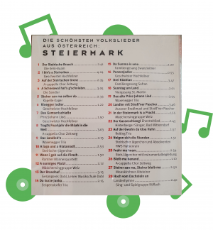 Die Rückseite einer CD mit Volksliedern aus Steiermark